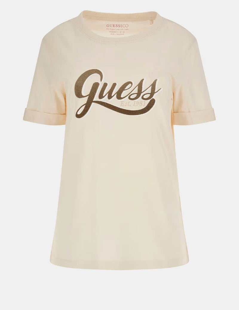 Camiseta GUESS con Logo Frontal Beige Mujer