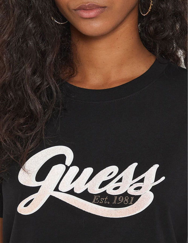 Camiseta GUESS con Logo Frontal Negra Mujer