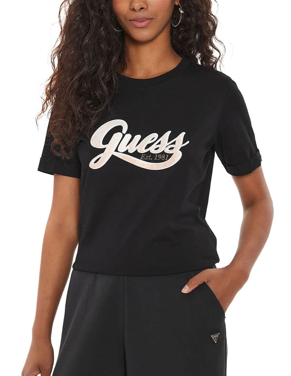 Camiseta GUESS con Logo Frontal Negra Mujer