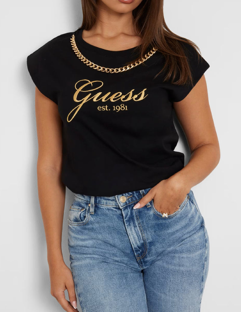 Camiseta GUESS con Cadena Negra Mujer