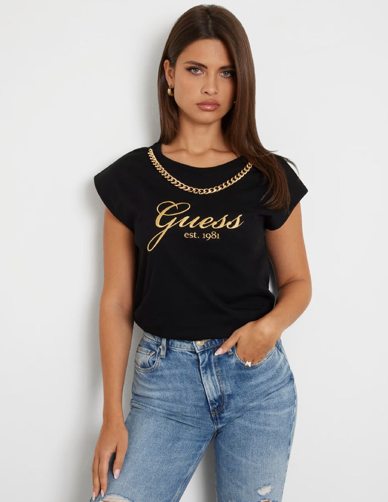 Camiseta GUESS con Cadena Negra Mujer