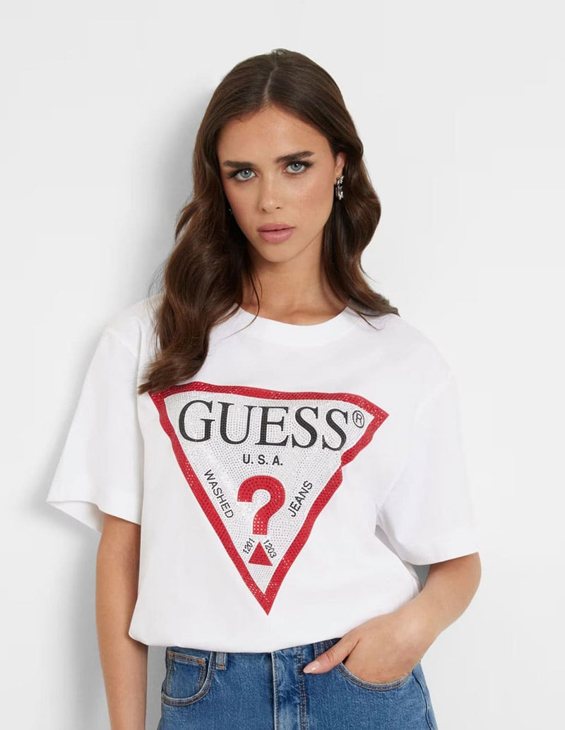 Camiseta GUESS con Logo Triángulo Strass Blanca Mujer