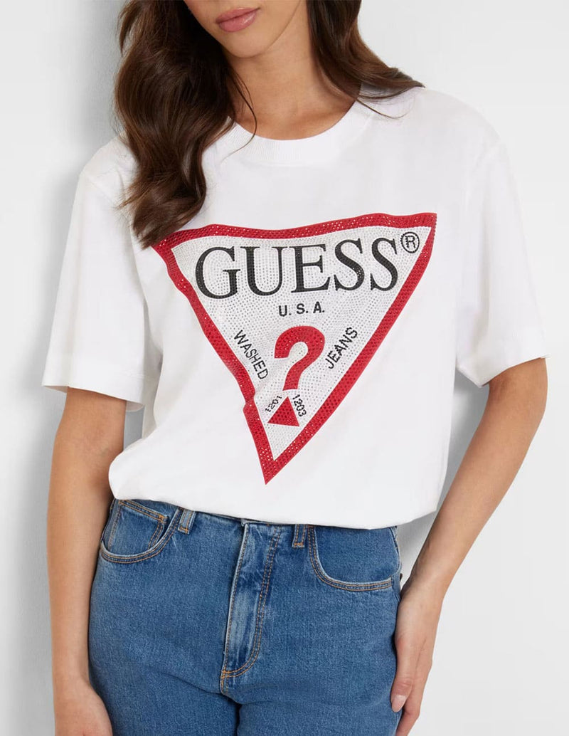 Camiseta GUESS con Logo Triángulo Strass Blanca Mujer