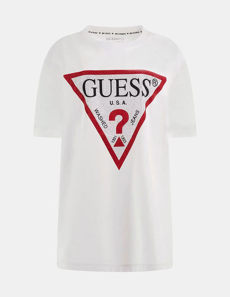 Camiseta GUESS con Logo Triángulo Strass Blanca Mujer