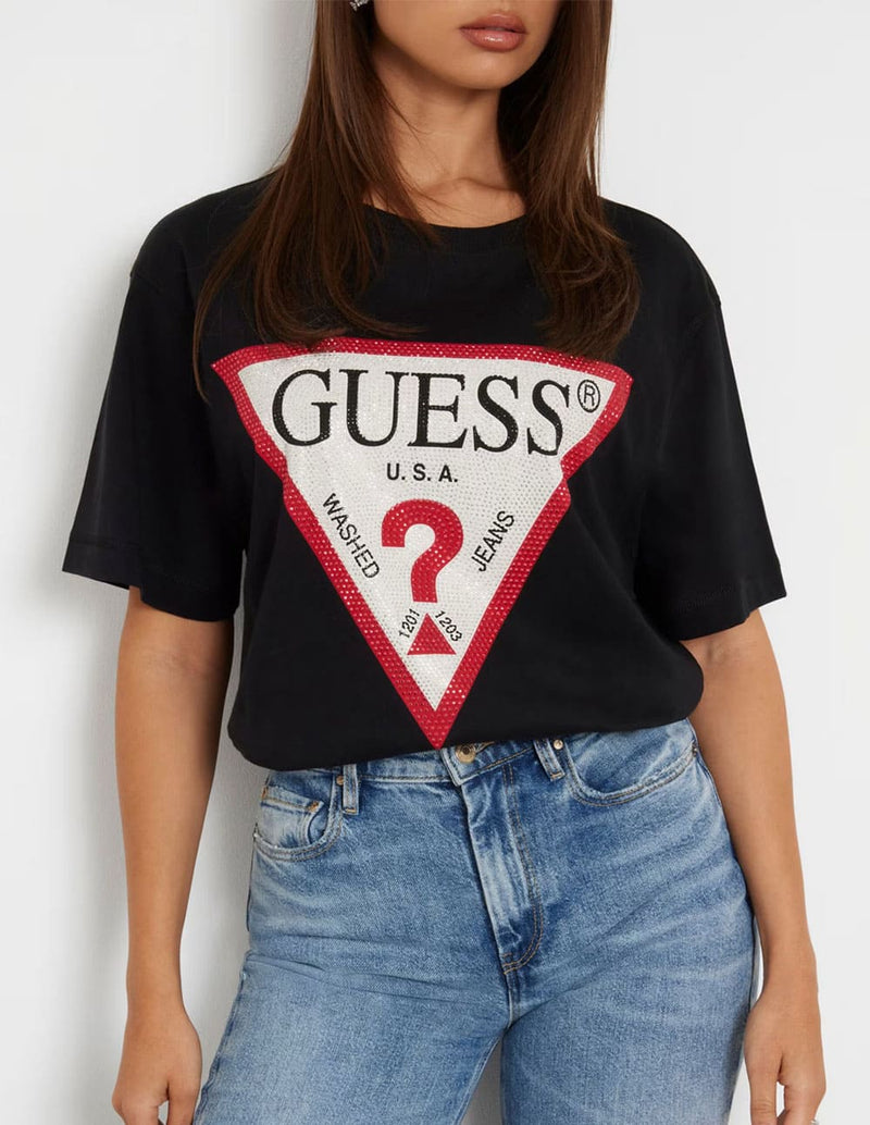 Camiseta GUESS con Logo Triángulo Strass Negra Mujer