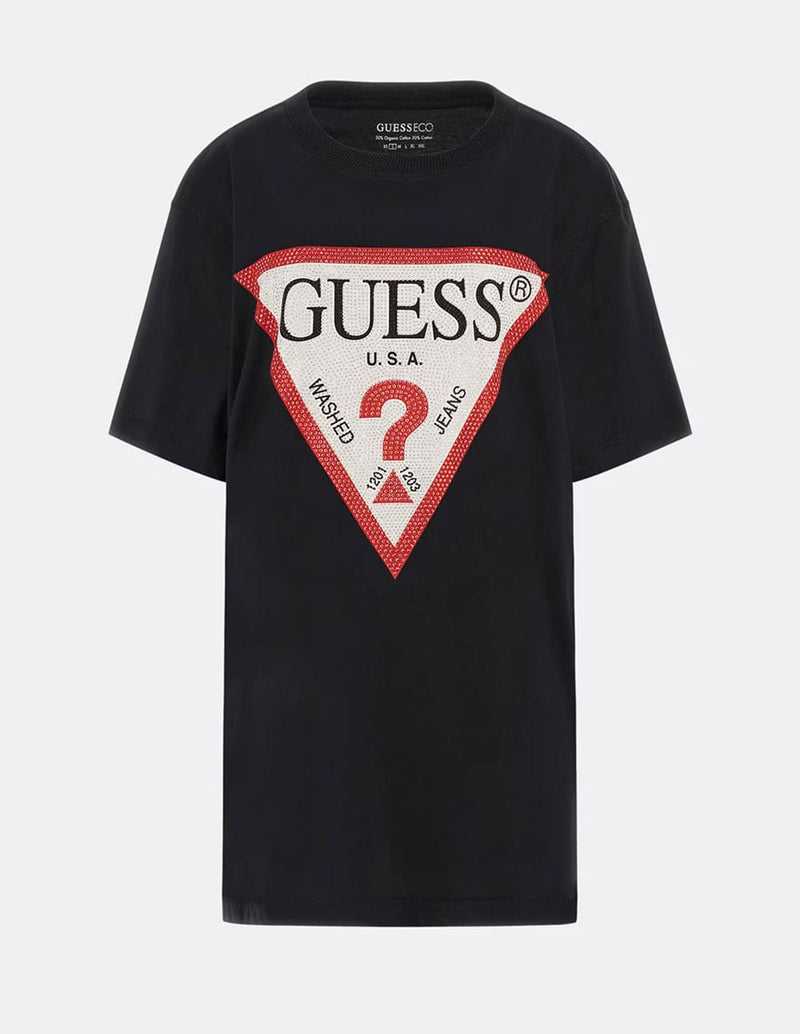 Camiseta GUESS con Logo Triángulo Strass Negra Mujer