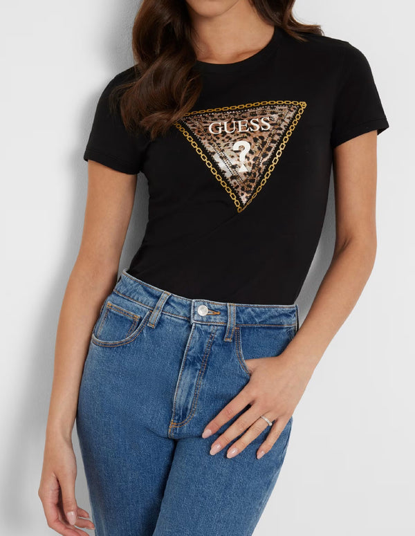 Camiseta GUESS con Logo Triángulo Strass Negra Mujer