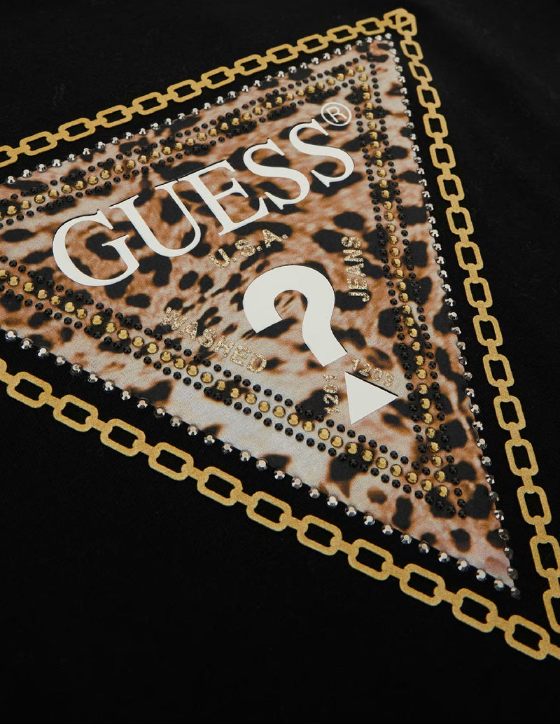 Camiseta GUESS con Logo Triángulo Strass Negra Mujer