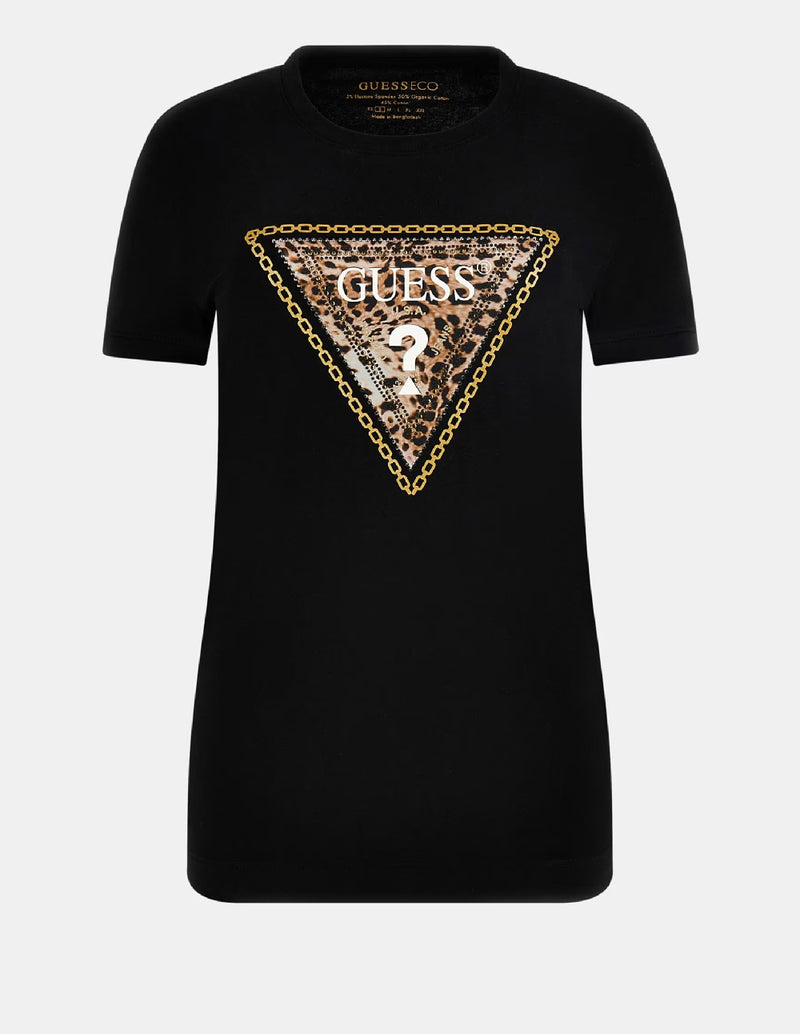 Camiseta GUESS con Logo Triángulo Strass Negra Mujer