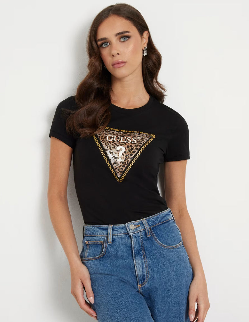 Camiseta GUESS con Logo Triángulo Strass Negra Mujer