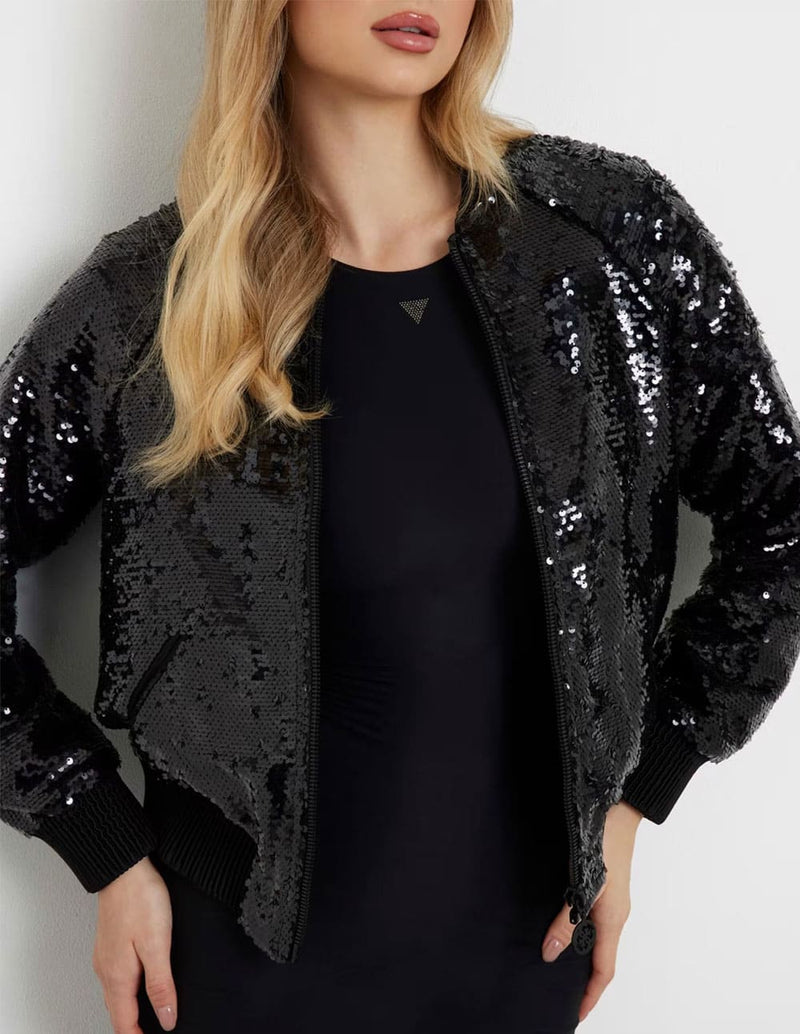 Chaqueta Bomber GUESS de Lentejuelas Negra Mujer