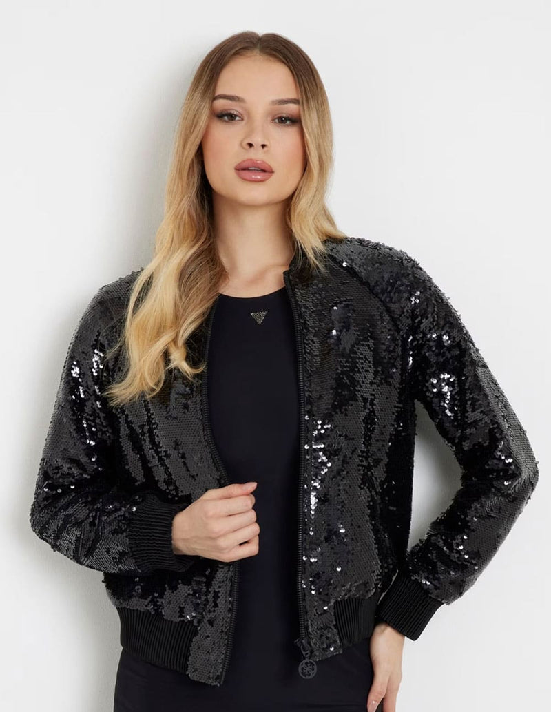 Chaqueta Bomber GUESS de Lentejuelas Negra Mujer