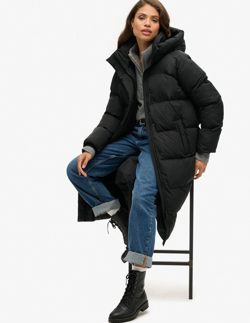 Abrigo Superdry Largo Negro Mujer