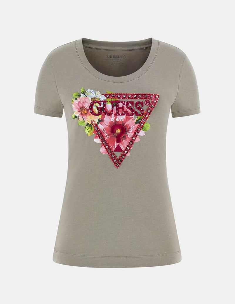 Camiseta GUESS con Logo Triángulo Floral Beige Mujer