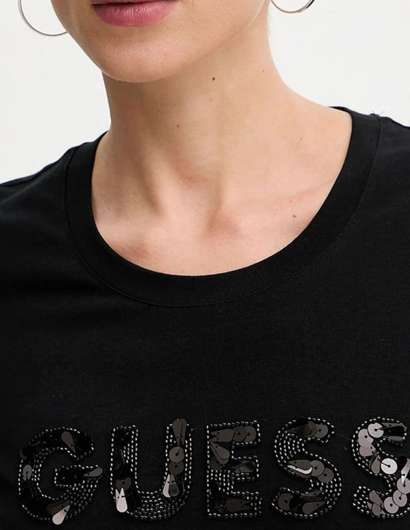 Camiseta GUESS con Logo con Lentejuelas Negra Mujer