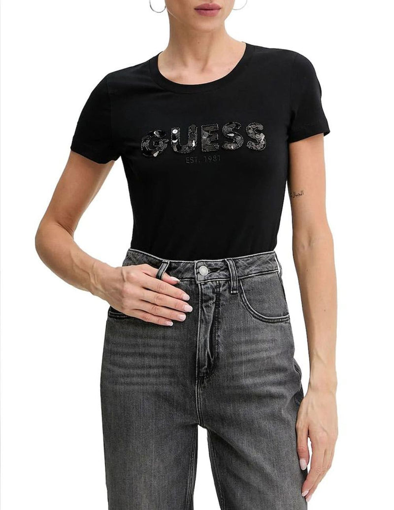 Camiseta GUESS con Logo con Lentejuelas Negra Mujer