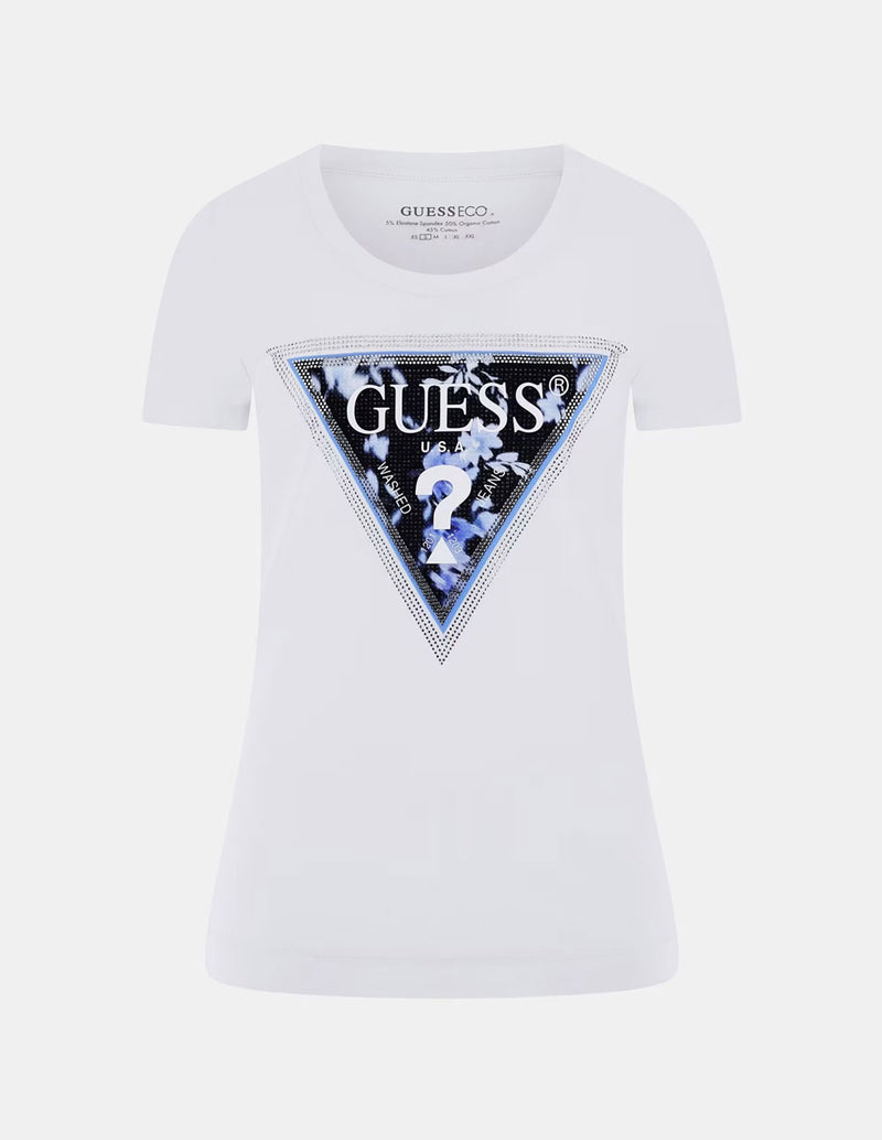 Camiseta GUESS con Triángulo Floral Blanca Mujer