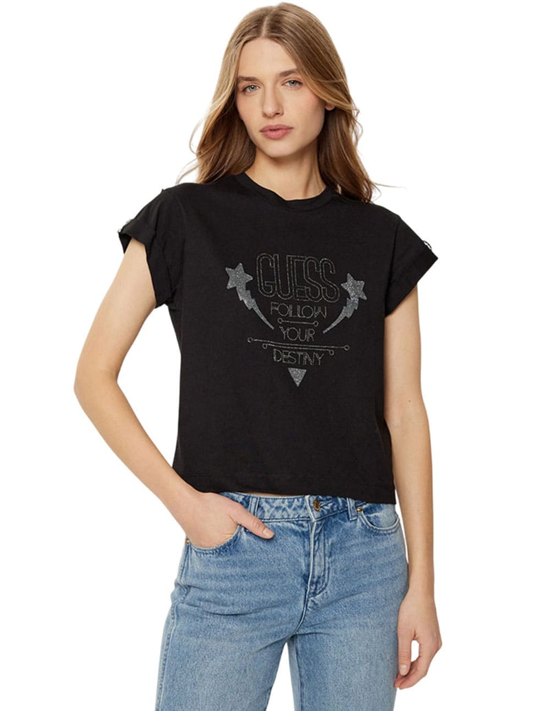 Camiseta GUESS con Strass Negra Mujer W5RI06