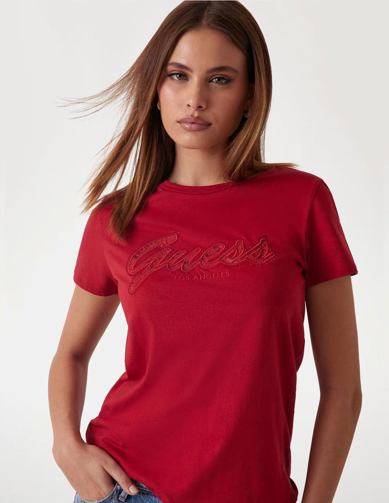 Camiseta GUESS con Logo de Encaje Roja Mujer