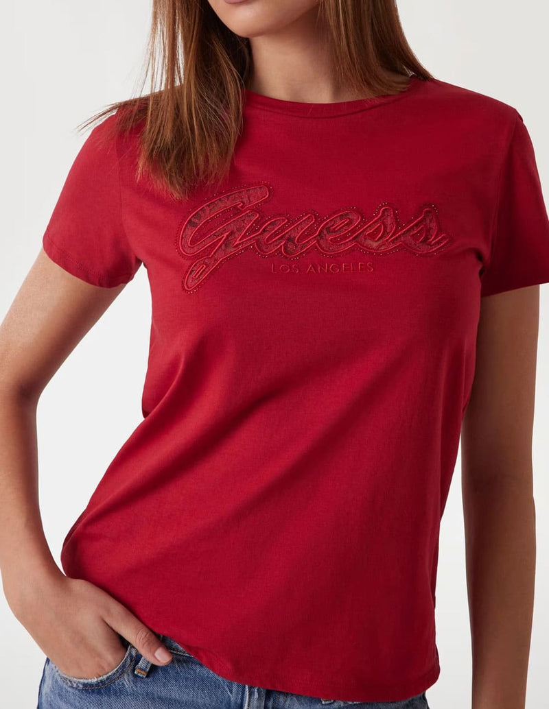 Camiseta GUESS con Logo de Encaje Roja Mujer