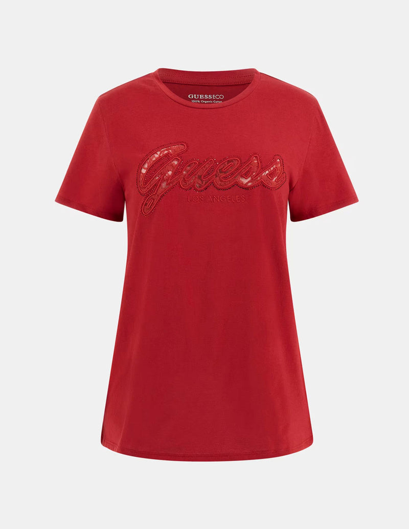 Camiseta GUESS con Logo de Encaje Roja Mujer