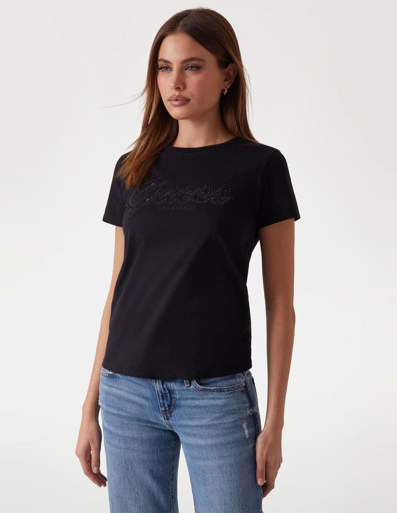 Camiseta GUESS con Logo de Encaje Negra Mujer