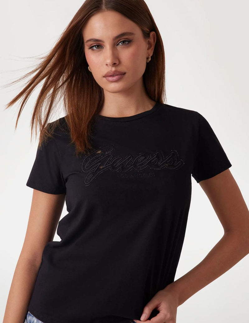 Camiseta GUESS con Logo de Encaje Negra Mujer