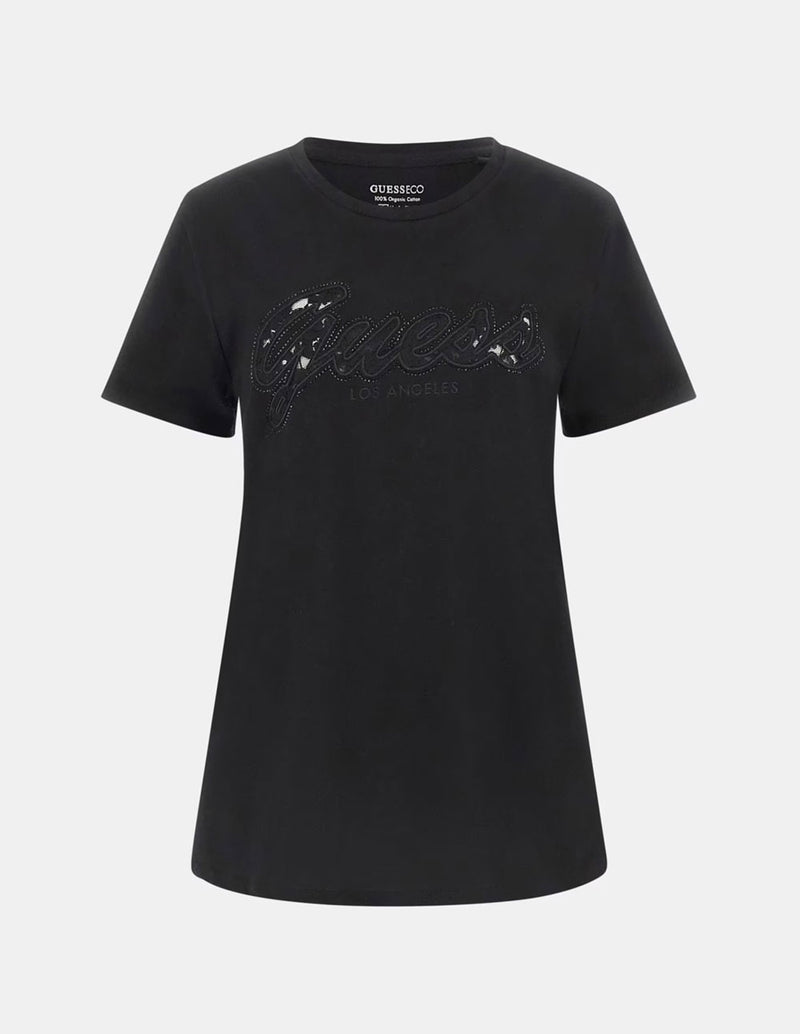 Camiseta GUESS con Logo de Encaje Negra Mujer