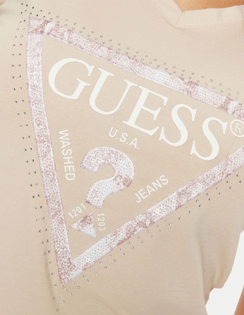 Camiseta GUESS con Logo Triángulo Beige Mujer