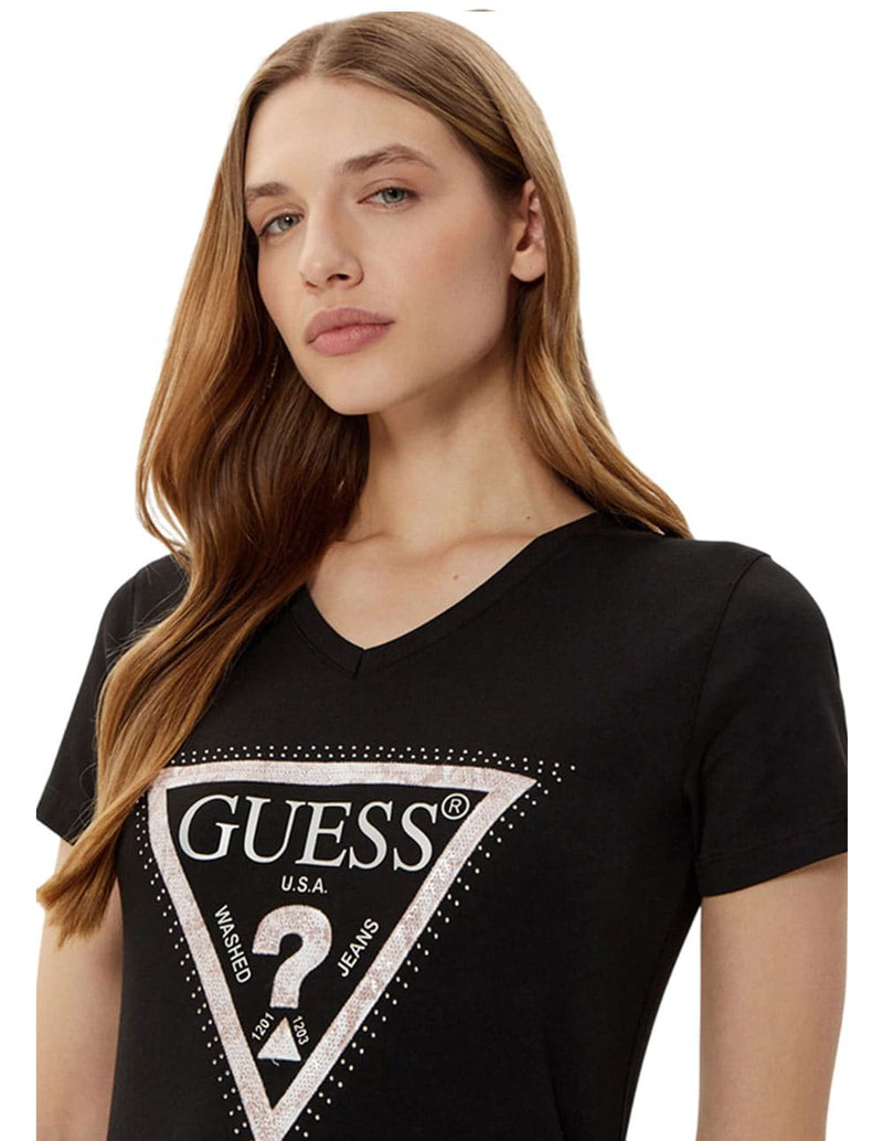 Camiseta GUESS con Logo Triángulo Negra Mujer