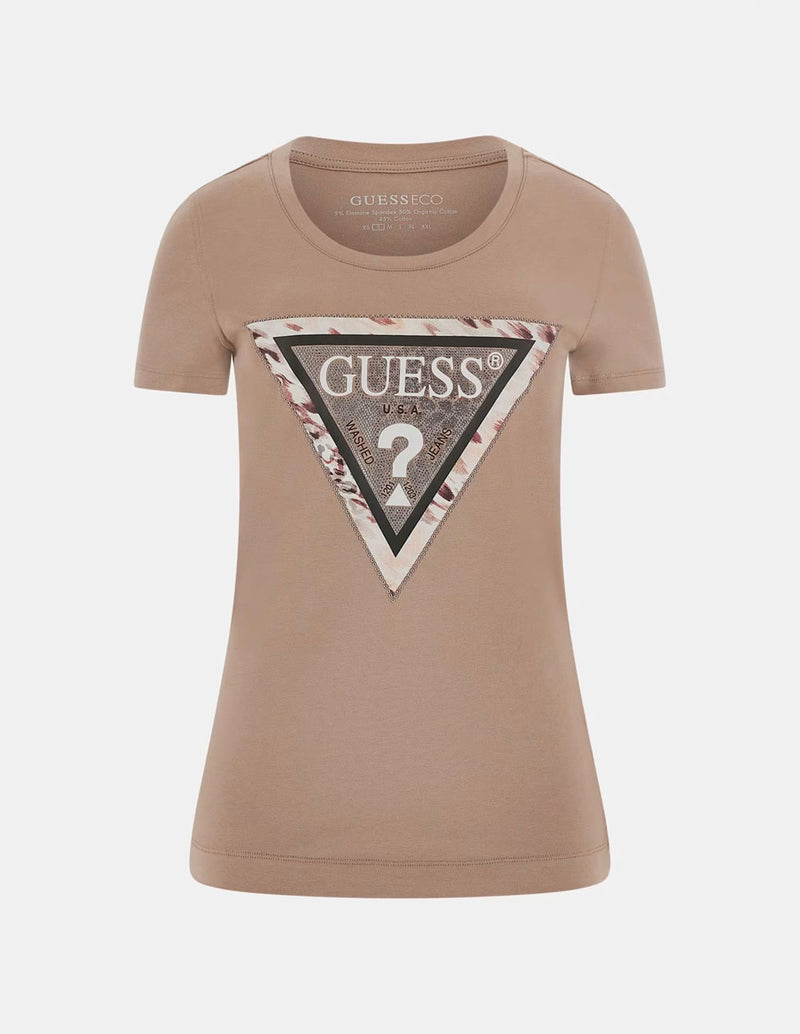 Camiseta GUESS con Logo Animal Print Beige Mujer