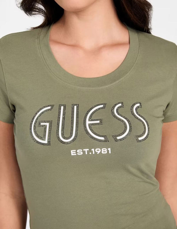 Camiseta GUESS con Logo de Pedreria Verde Mujer