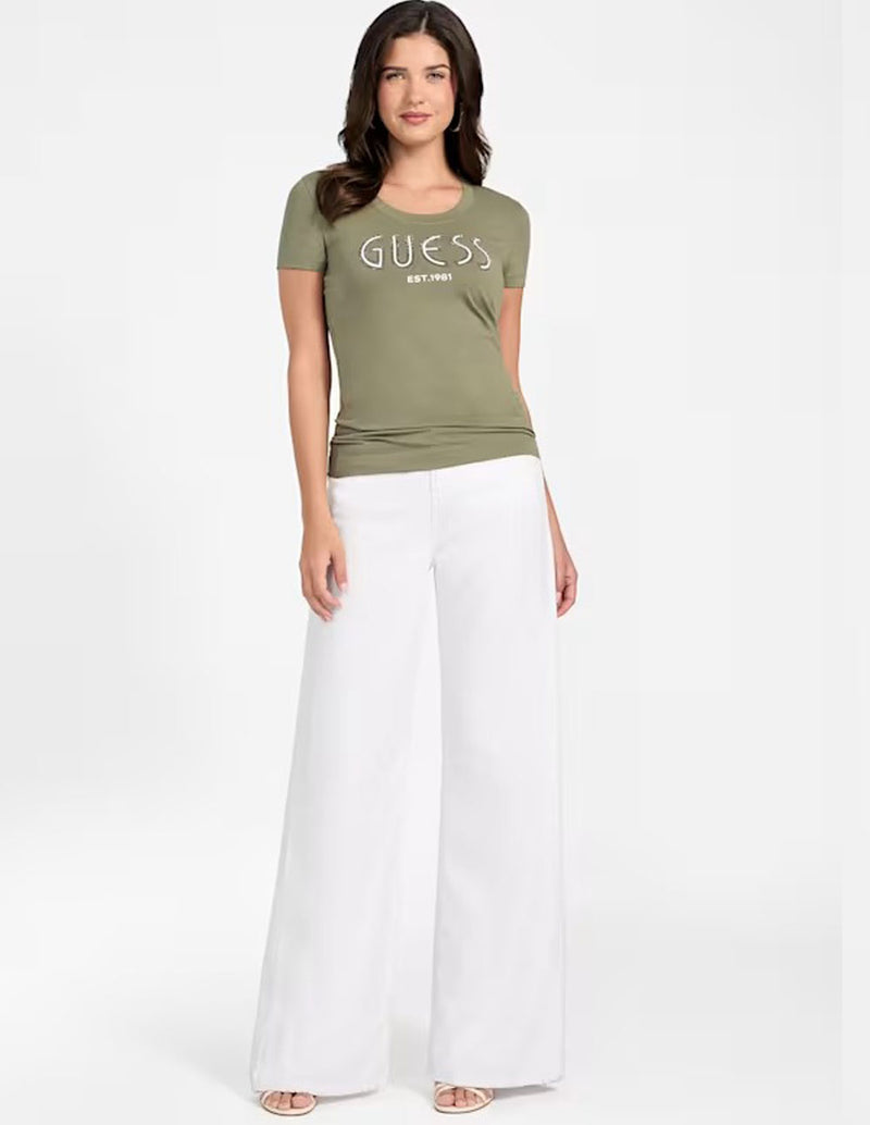 Camiseta GUESS con Logo de Pedreria Verde Mujer