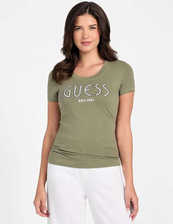 Camiseta GUESS con Logo de Pedreria Verde Mujer