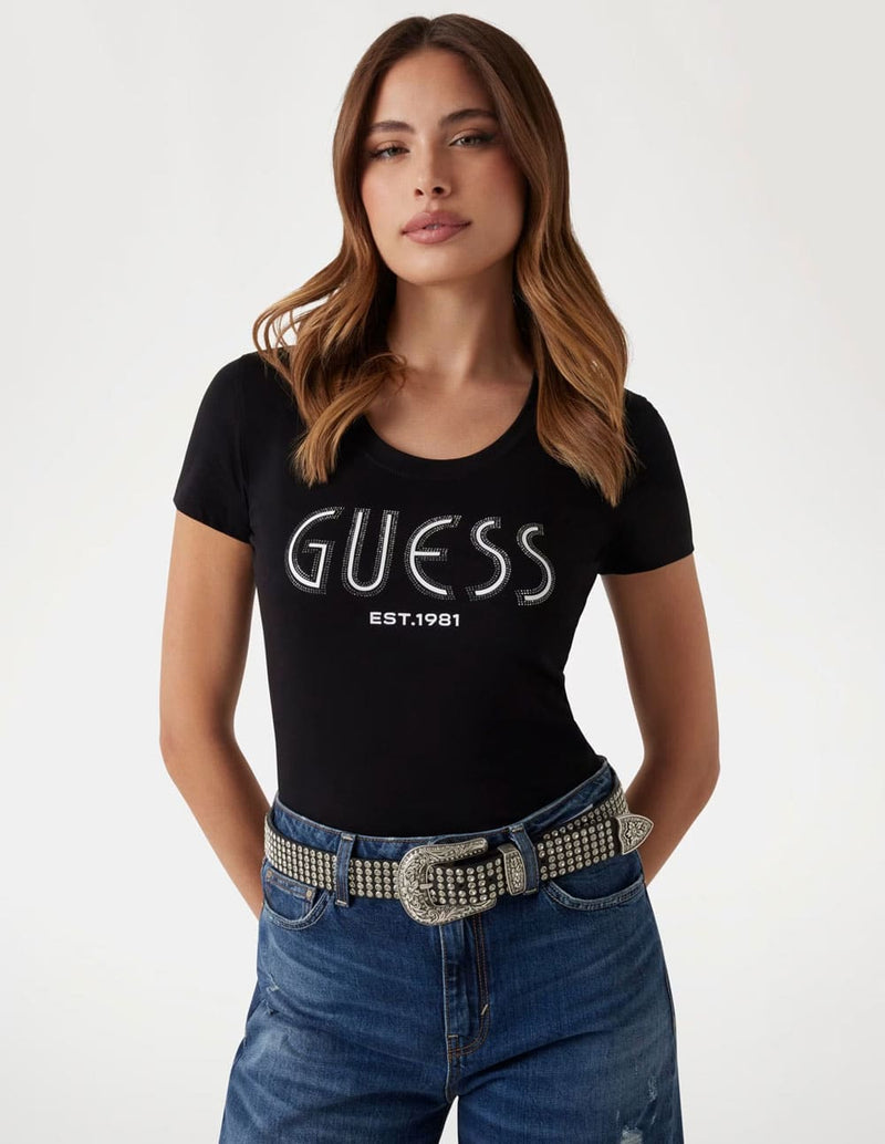 Camiseta GUESS con Logo de Pedreria Verde Mujer