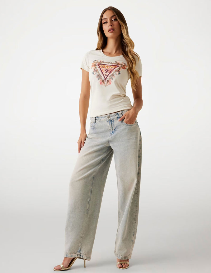 Camiseta GUESS con Logo Floral Beige Mujer