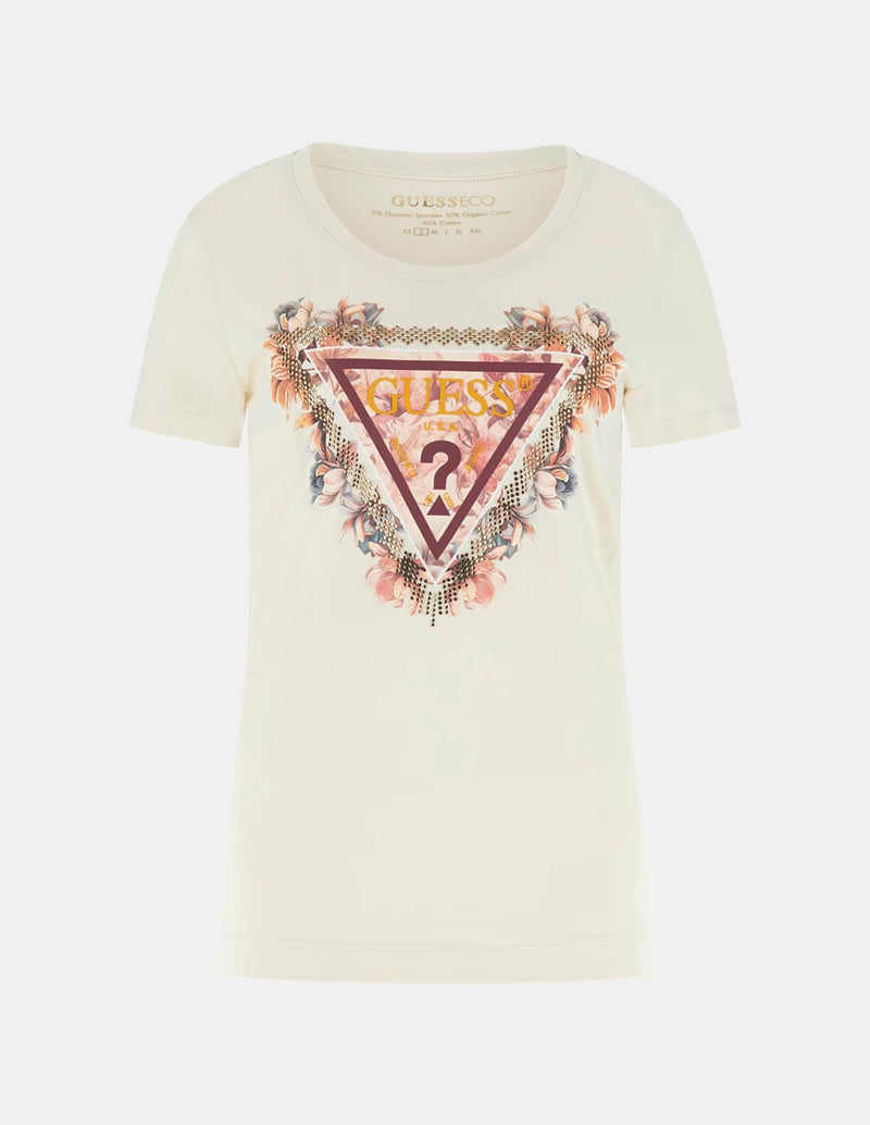 Camiseta GUESS con Logo Floral Beige Mujer
