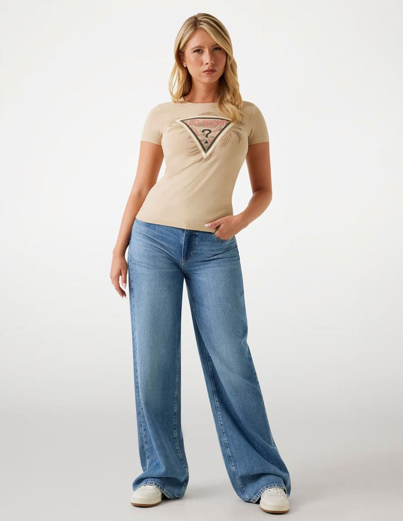 Camiseta GUESS con Logo Triángulo Beige Mujer