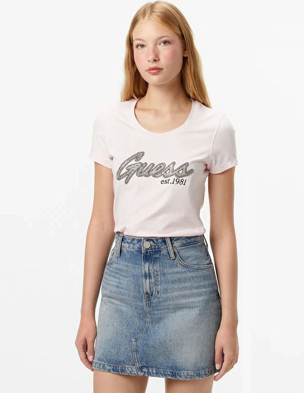 Camiseta GUESS con Logo de Pedreria Rosa Mujer