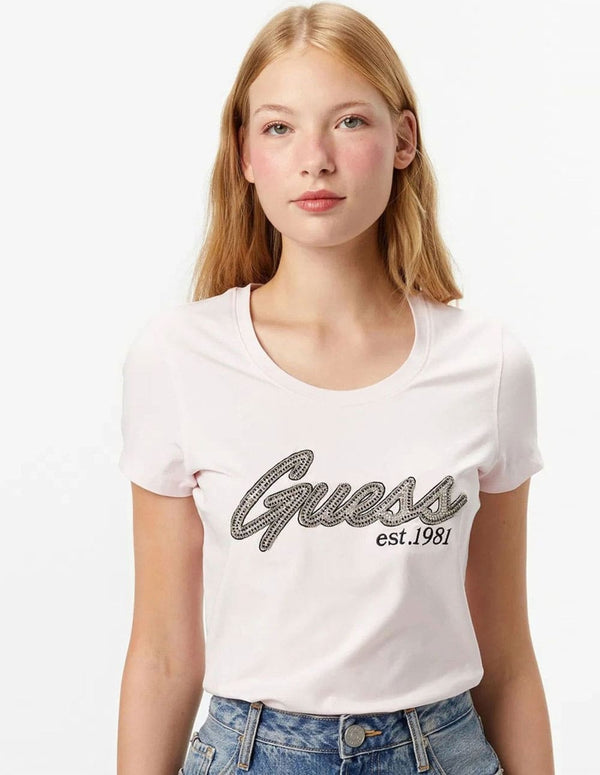 Camiseta GUESS con Logo de Pedreria Rosa Mujer
