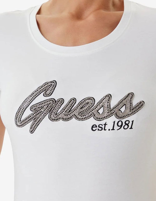 Camiseta GUESS con Logo de Pedreria Blanca Mujer