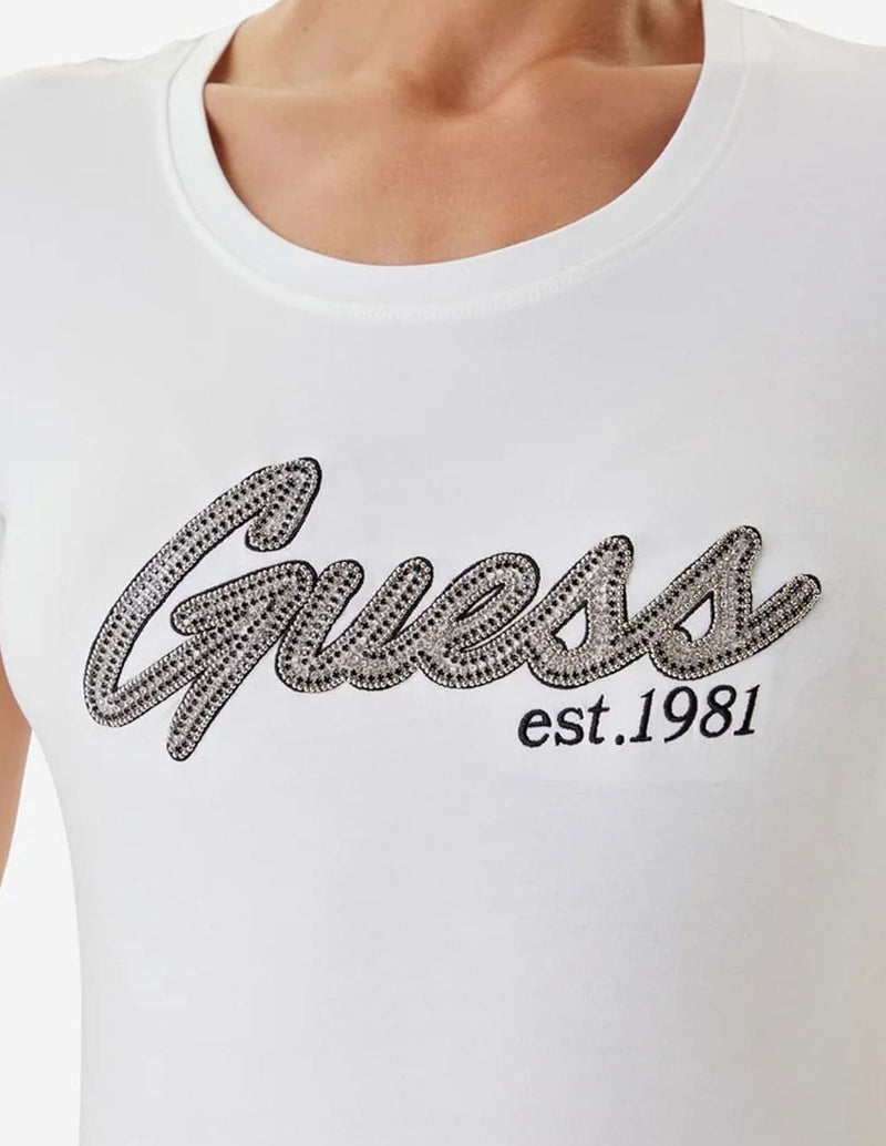Camiseta GUESS con Logo de Pedreria Blanca Mujer