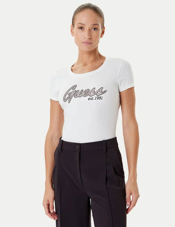Camiseta GUESS con Logo de Pedreria Blanca Mujer