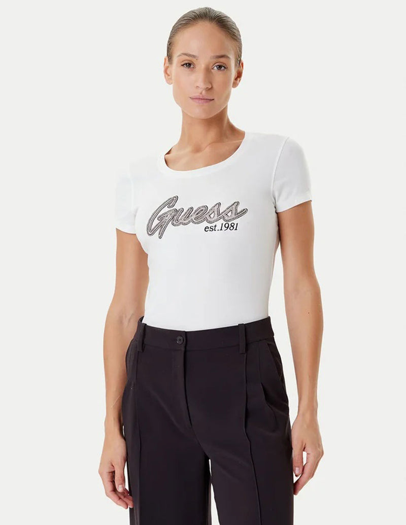 Camiseta GUESS con Logo de Pedreria Blanca Mujer