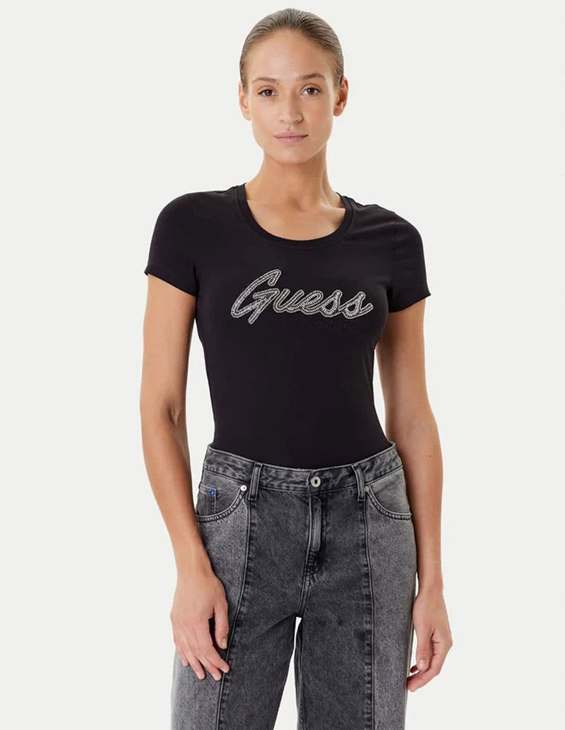 Camiseta GUESS con Logo de Pedreria Negra Mujer