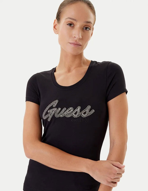Camiseta GUESS con Logo de Pedreria Negra Mujer