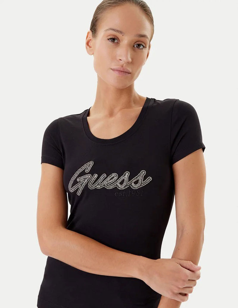 Camiseta GUESS con Logo de Pedreria Negra Mujer