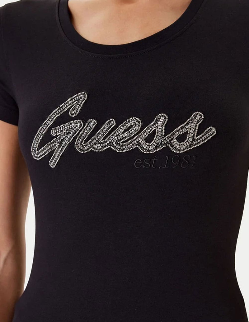 Camiseta GUESS con Logo de Pedreria Negra Mujer