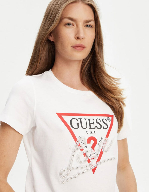 Camiseta GUESS con Logo de Perlas Blanca Mujer