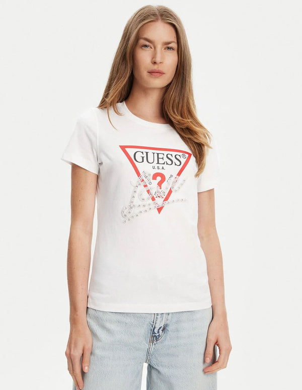 Camiseta GUESS con Logo de Perlas Blanca Mujer